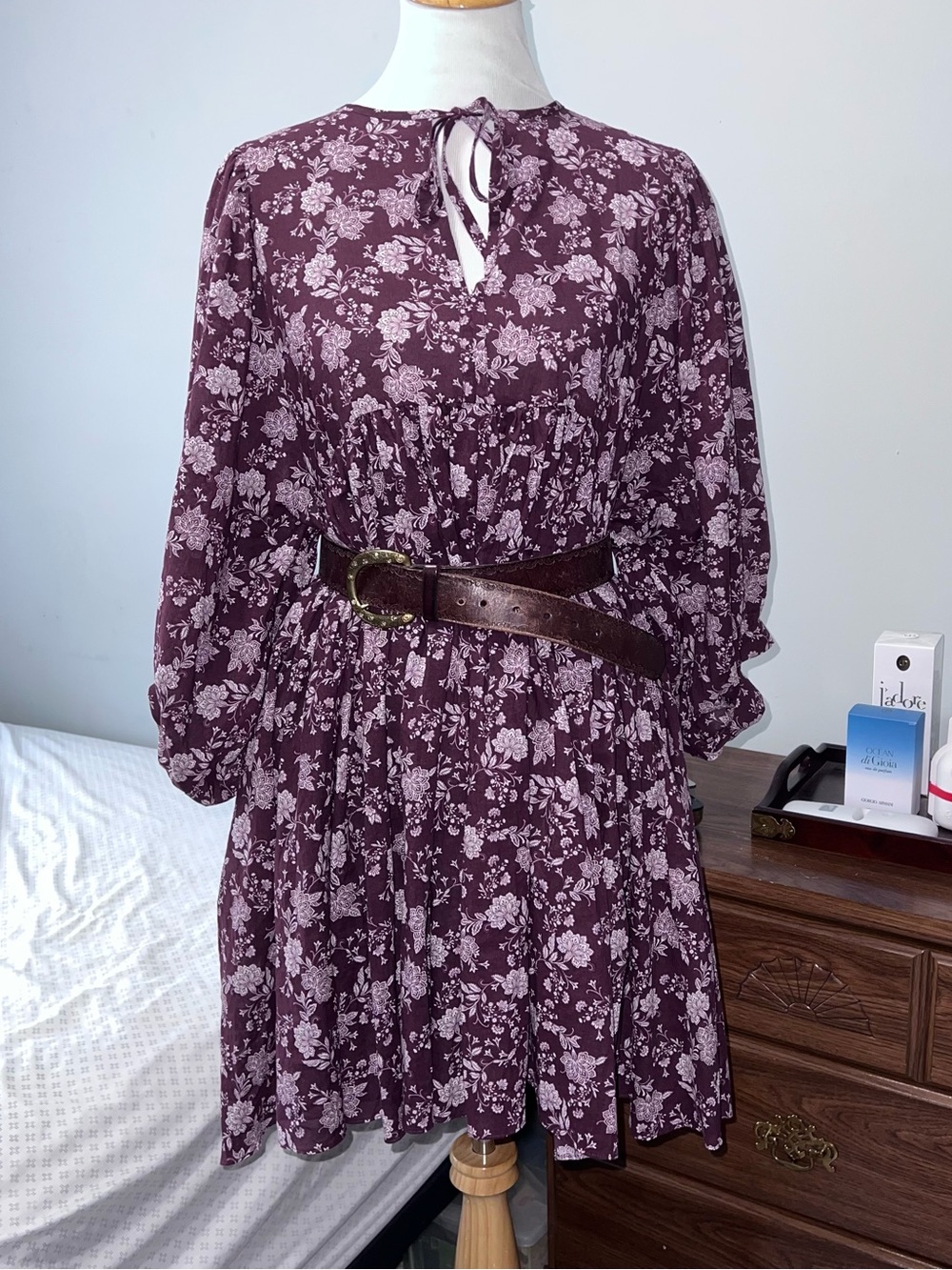 Madewell Womens M Mini Dress Plum Purple Puff Sleeve Babydoll Split Neck Floral